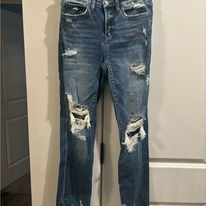 Flying Monkey Women's Ripped Straight Leg Jeans in Blue